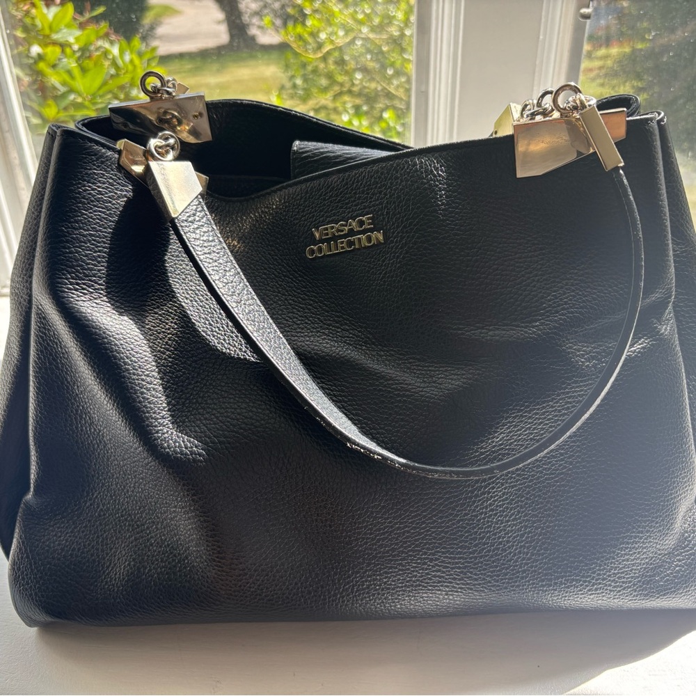 Versace Collection Black Leather Shoulder Bag with Gold Accents